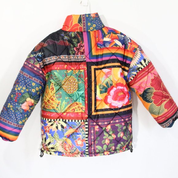 Farm Rio Puffer Jacket NEW Women Colorful Mix Scarves Coat Small Quilted - Picture 6 of 10